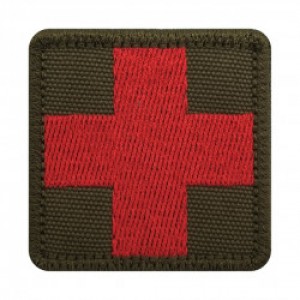 Шеврон Крест красный медика, фон олива 5 см